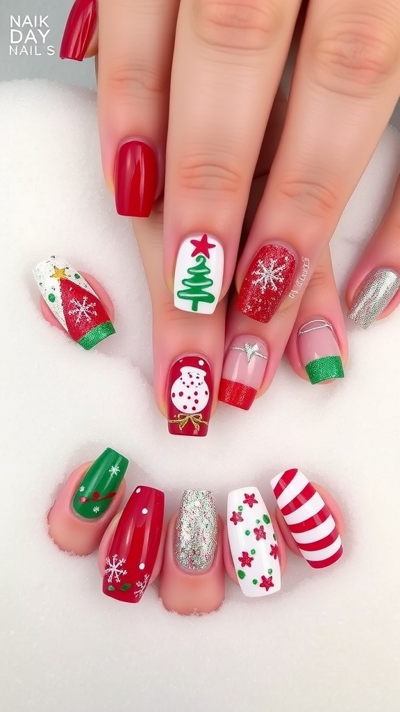 Festive Christmas Nail Art Designs for 2025 A collection of festive Christmas nail art designs including red and green, snowflakes, glitter, and candy cane stripes.